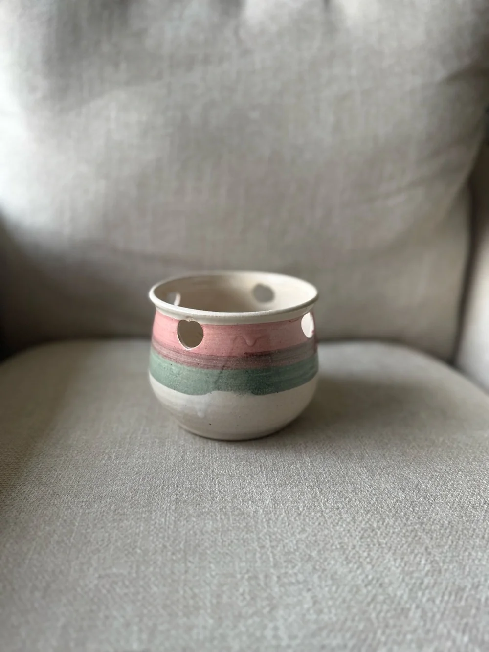 Striped Ceramic Planter, Candle Holder, Garlic Keeper with Heart Cutouts